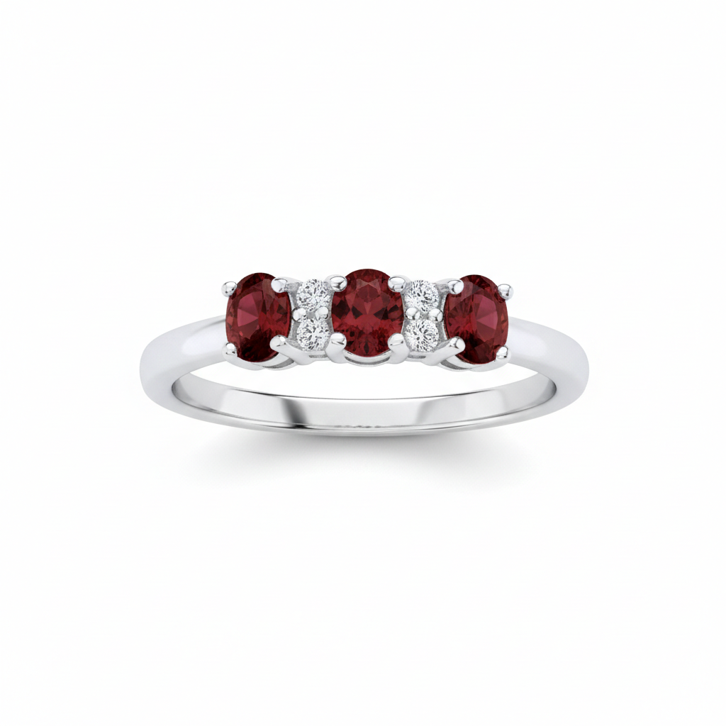 Ruby Three Stone Trilogy Ring Sterling Silver Engagment 925Hallmark Size K-S