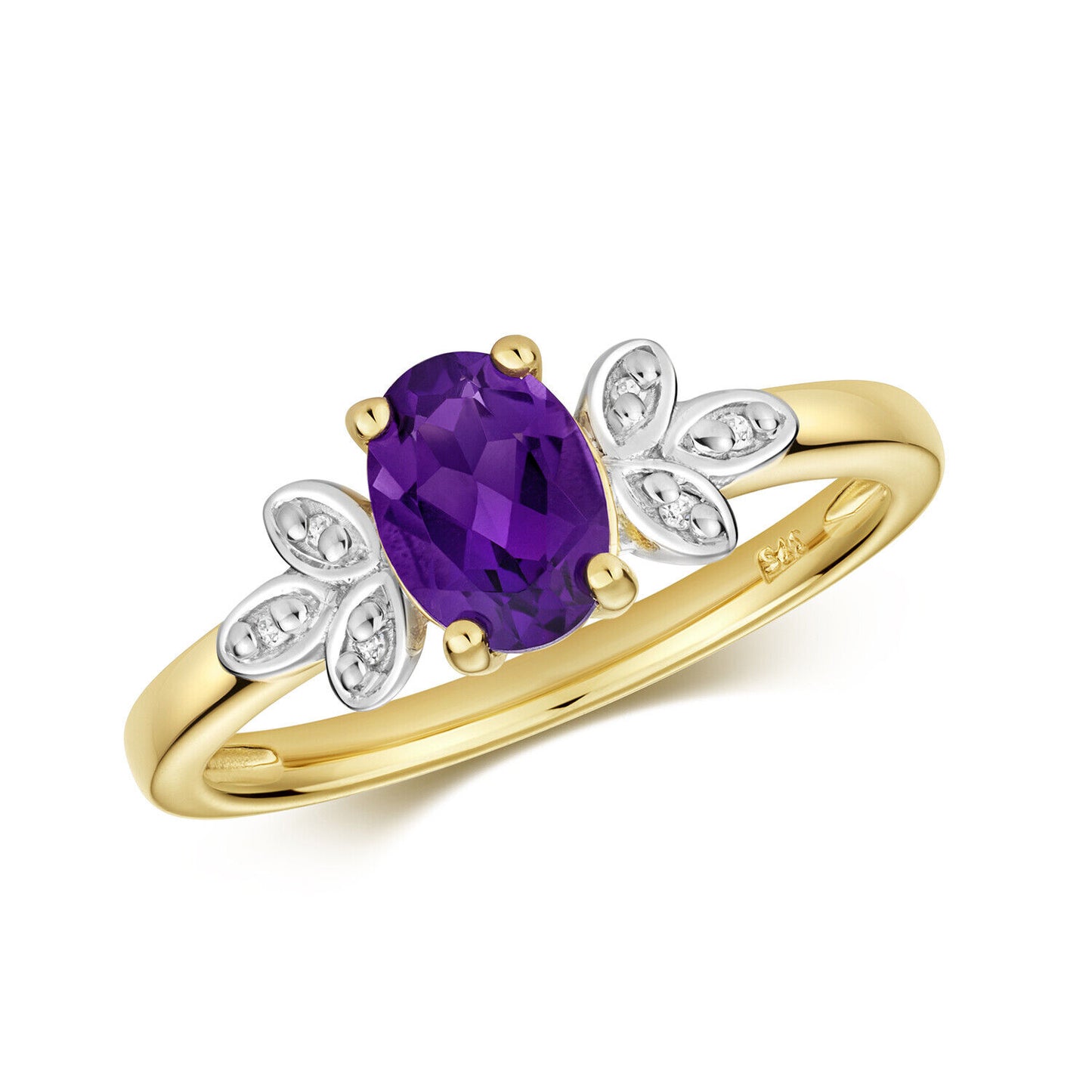 Real Amethyst and Diamond Ring Leaf Design Shoulders 9ct Yellow Gold Size J - Q