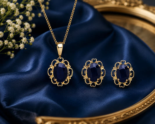 Yellow Gold Sapphire Pendant Necklace & Matching Earrings Jewellery Set