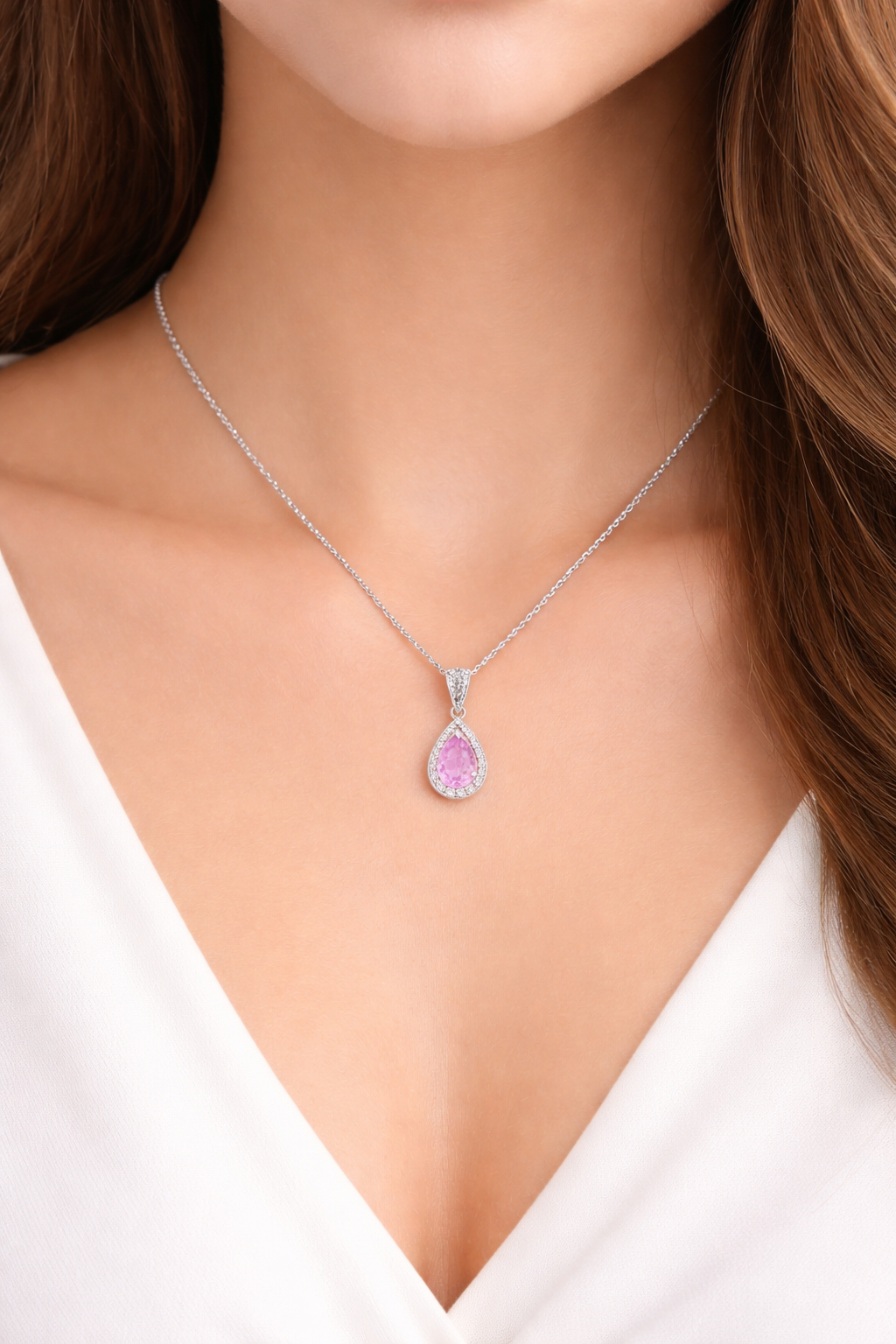 Pink Sapphire Teardrop Pendant With Diamonds 9ct White Gold 18" 46cm Chain