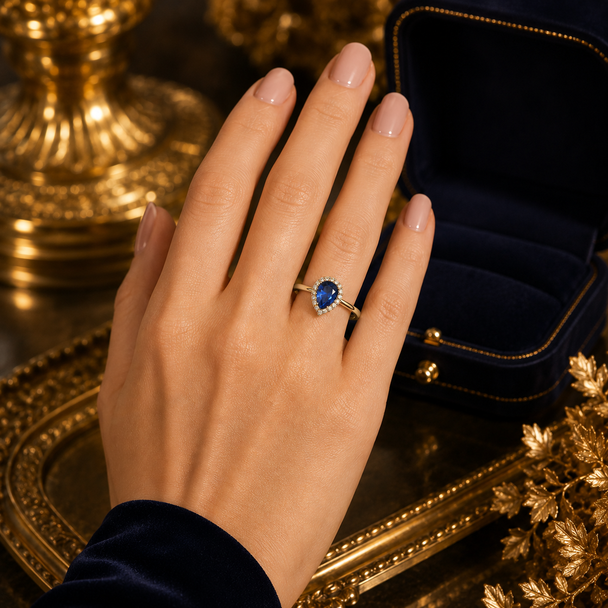 Pear Shape Blue Sapphire Halo Ring in 9ct Yellow Gold