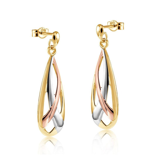Three Colour Gold Teardrop Earrings 9ct Yellow White and Rose Drops Hallmarked