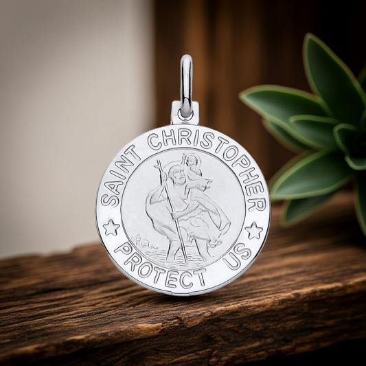 Sterling Silver St Christopher Protect Us Pendant 925 Hallmark 18mm