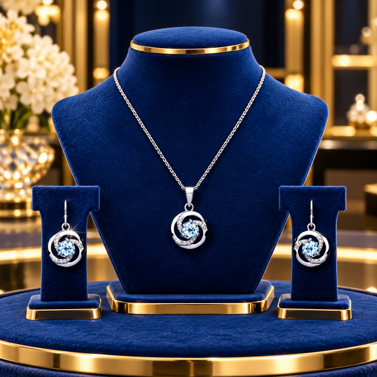 Real Blue Topaz and Diamond Jewellery Set Pendant and Earrings Solid Silver 925