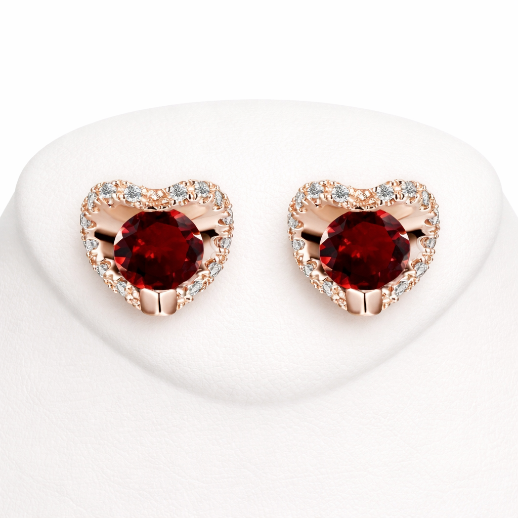 Natural Garnet and Diamond Heart Earrings Solid 9ct Rose Gold Hallmarked