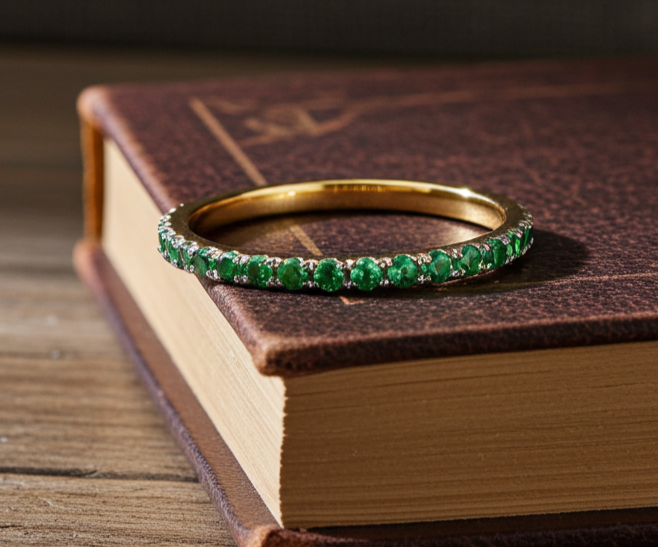 18ct Gold Emerald Full Eternity Ring on Solid Sterling Silver 925 Hallmark