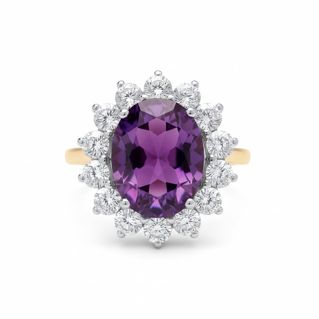 18ct Gold Large Amethyst Ring Cluster on Sterling Silver 925 Hallmark Size K-S