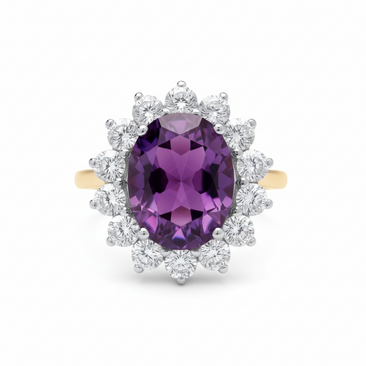 18ct Gold Large Amethyst Ring Cluster on Sterling Silver 925 Hallmark Size K-S