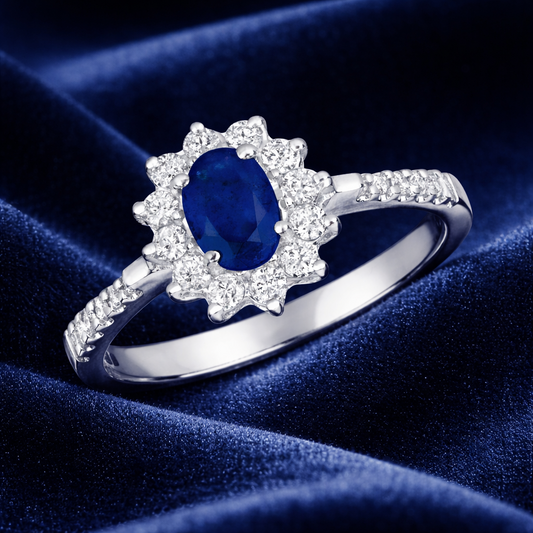 9ct White Gold Sapphire and Diamond Ring Oval Cluster Engagement Size J - Q