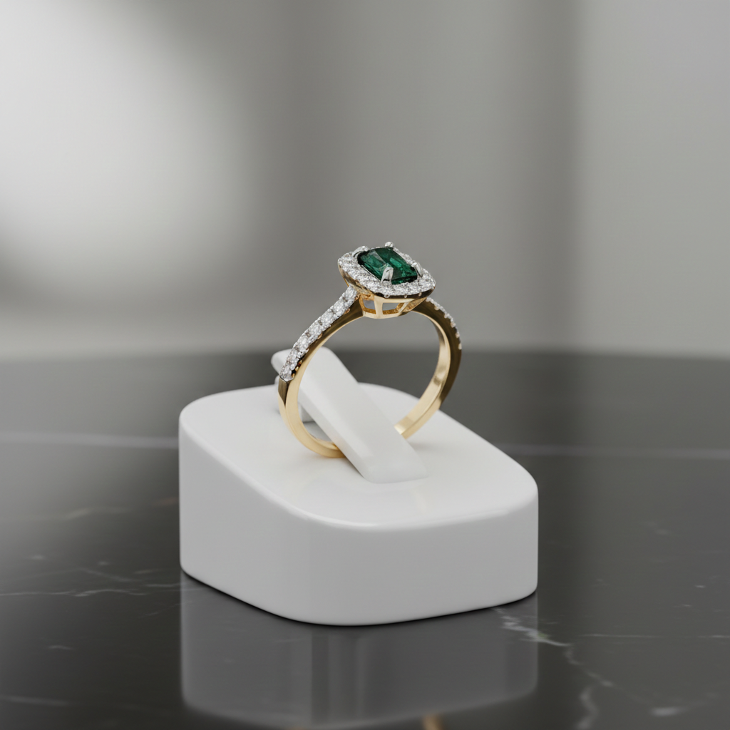 18ct Gold Emerald Ring Rectangle Halo on Sterling Silver 925 Hallmark Size K-S