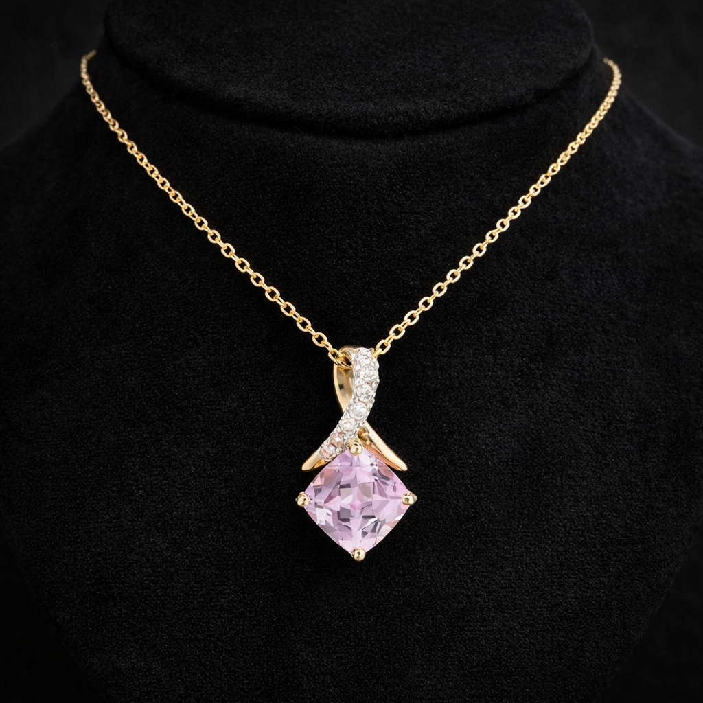Pink Sapphire Cushion Pendant Diamond Kiss Solid Yellow Gold 18" 46cm Chain