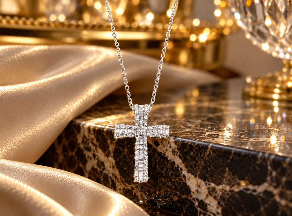 Sparkling Diamond Cross Pendant Necklace White Gold 18" Chain Elegant Jewellery