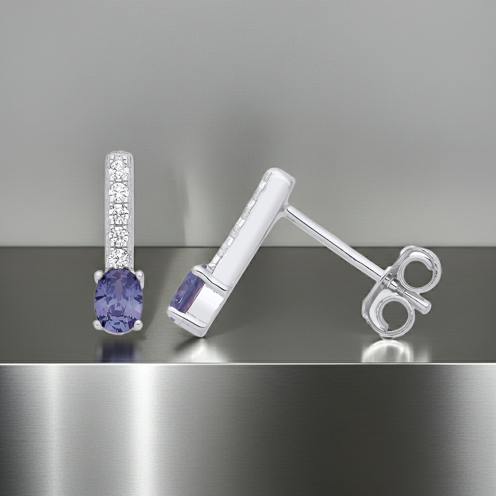 Tanzanite Drop Stud Earrings Solid Sterling Silver 925 Hallmark Rhodium Finish