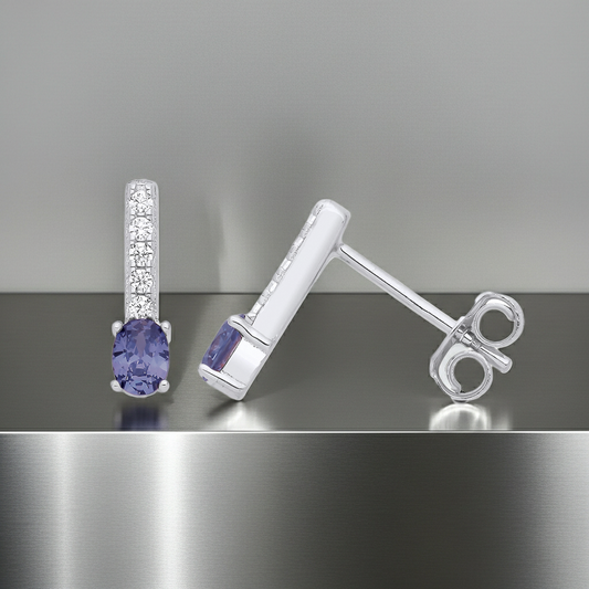 Tanzanite Drop Stud Earrings Solid Sterling Silver 925 Hallmark Rhodium Finish