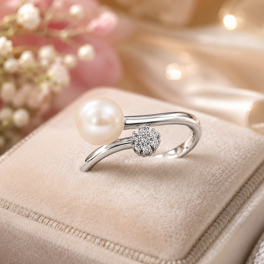 Freshwater Cultured Pearl & Diamond Flower Open Ring in 375 White Gold