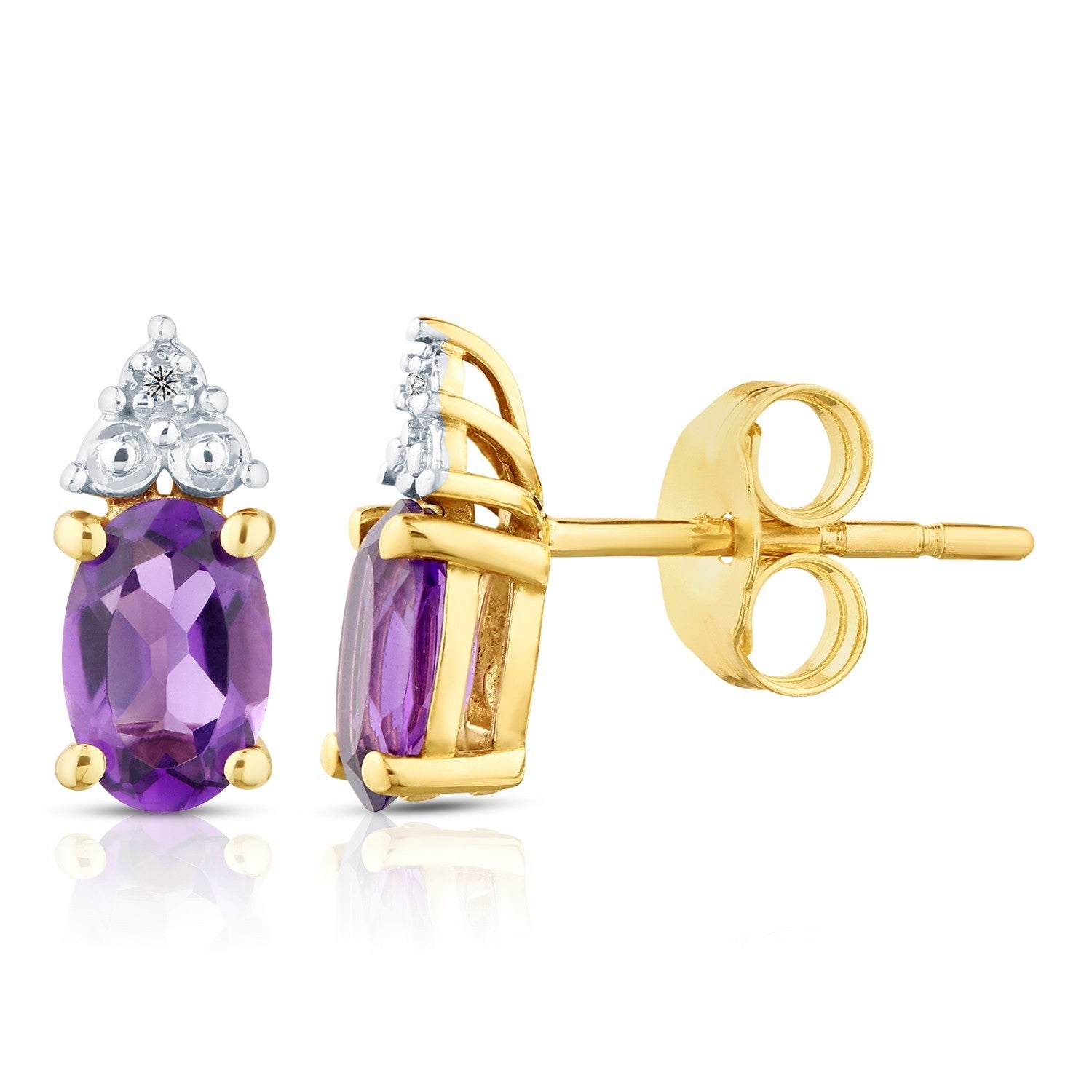 Yellow Gold Natural Amethyst & Diamond Accent Oval Stud Earrings