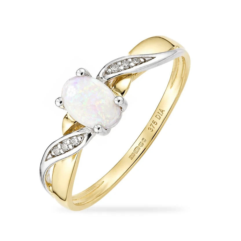 Opal & Diamond Oval Gemstone Ring Two Tone Yellow & White Gold Hallmarked