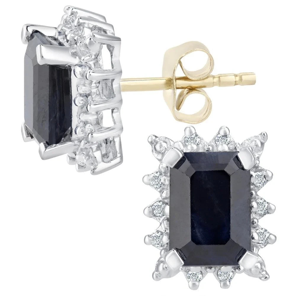 Natural Sapphire and Diamond Stud Emerald Cut Earrings 9ct Yellow Gold