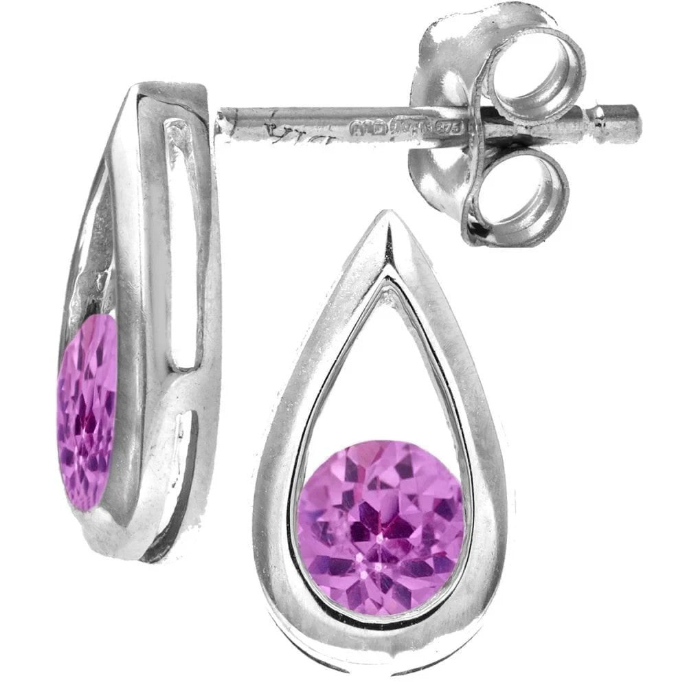 Pink Sapphire Teardrop Stud Earrings Solid 9ct White Gold Drops Hallmarked