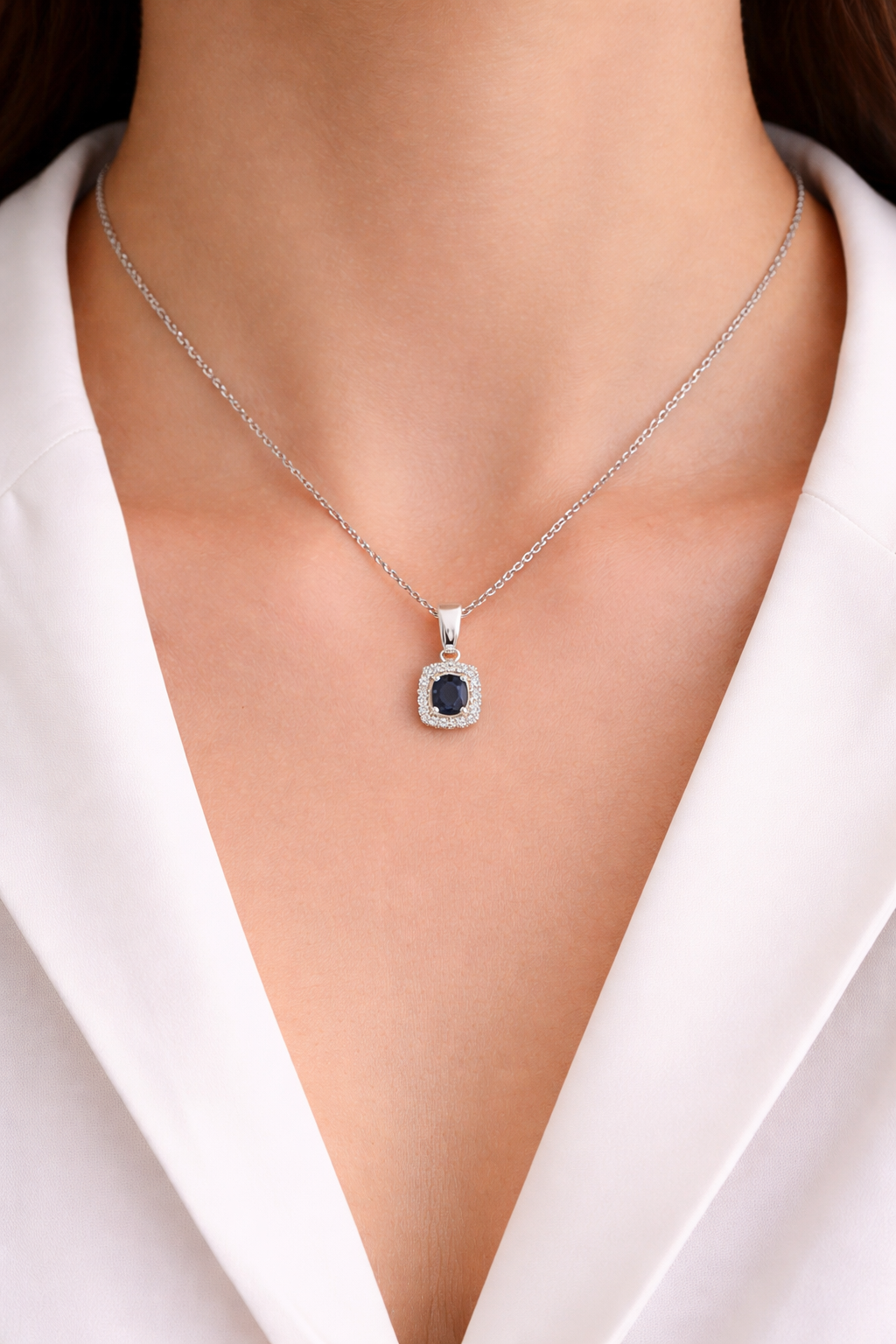 Sapphire Oval Cluster Pendant With Diamonds 9ct White Gold 18" 46cm Length Chain