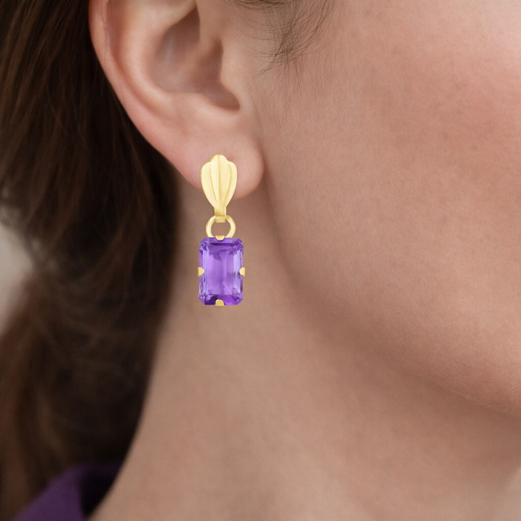Natural Amethyst Drop Earrings Solid 9ct Yellow Gold Emerald Cut Hallmarked