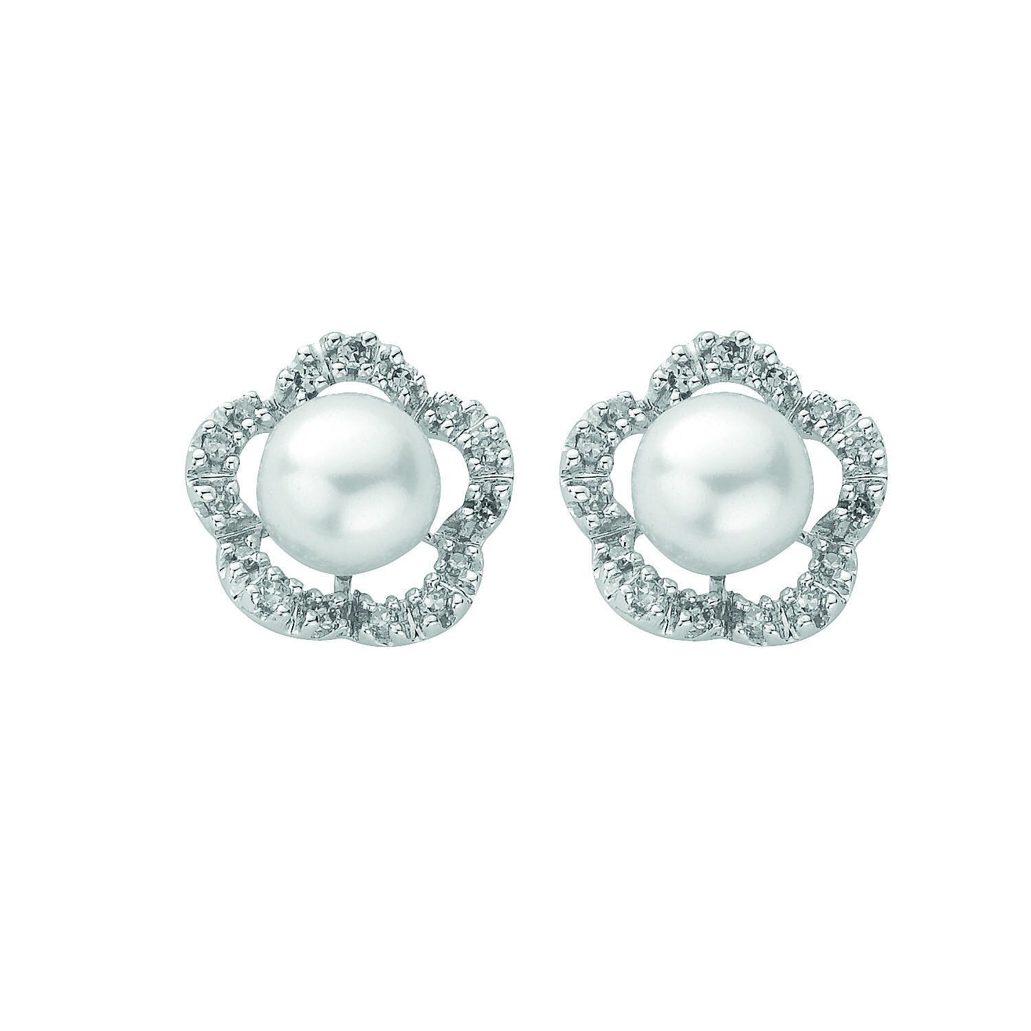 Freshwater Pearl  and Diamond Flower Earrings 9ct White Gold 11mm Diameter