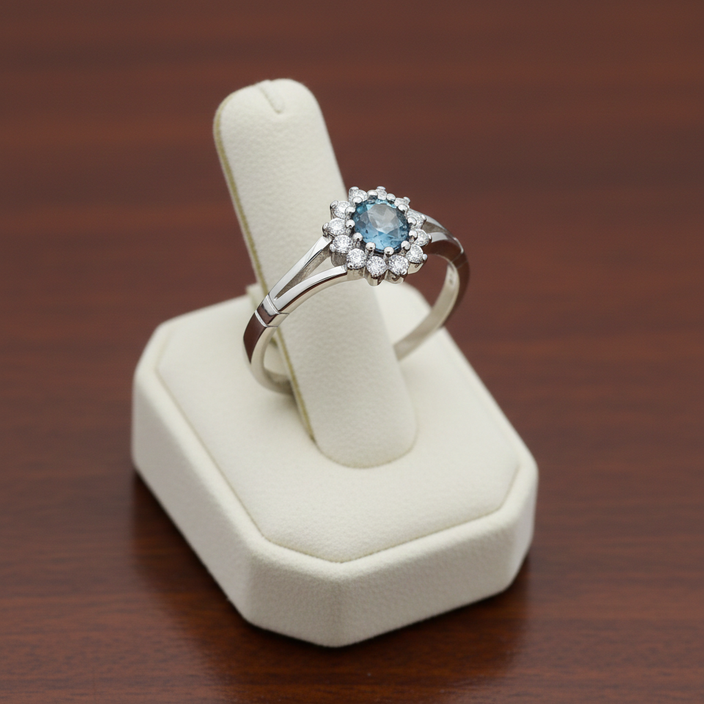 Sterling Silver Aquamarine Ring Oval Cluster Engagement 925 Hallmark Size K-S