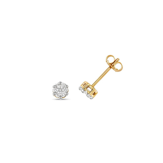 9ct Yellow Gold Diamond Earrings Flower Cluster 0.25ctw 4.5mm Stud