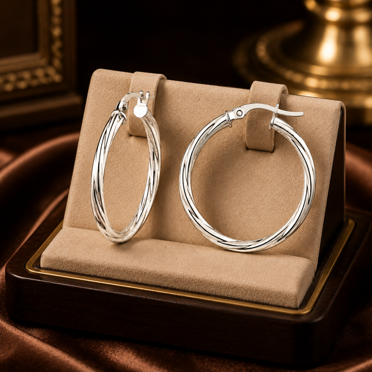 White Gold Twisted Hoop Earrings Snap Closure Polished 23mm Hallmarked