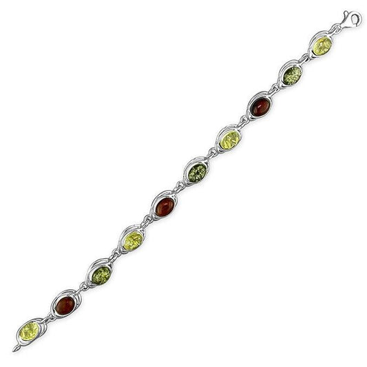 Mixed Amber Ovals Bracelet Solid Sterling Silver 925 18cm