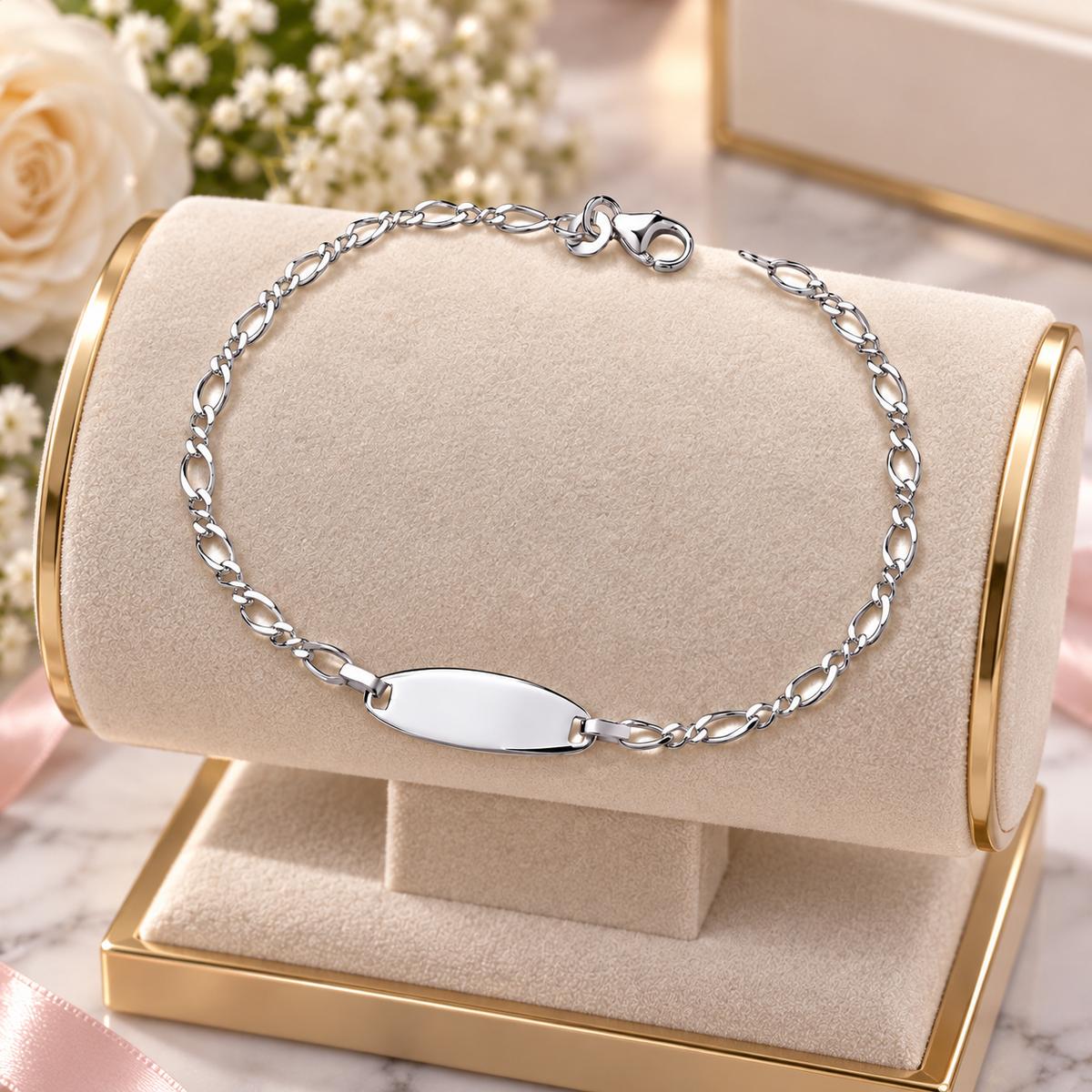Sterling Silver Figaro Chain ID Bracelet with Oval Name Plate & Lobster Clasp