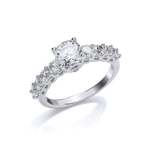 Solitaire Engagement Ring With Accents Platinum Plated on Solid Sterling Silver