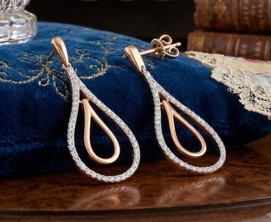 Yellow Gold Diamond Open Teardrop Earrings Double Frame Drop Dangle 27mm