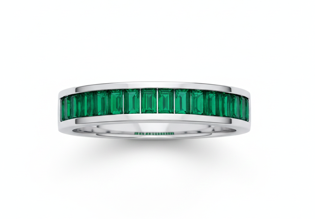 Sterling Silver Emerald Baguette Eternity Ring 4mm Band 925 Hallmark Size K - S