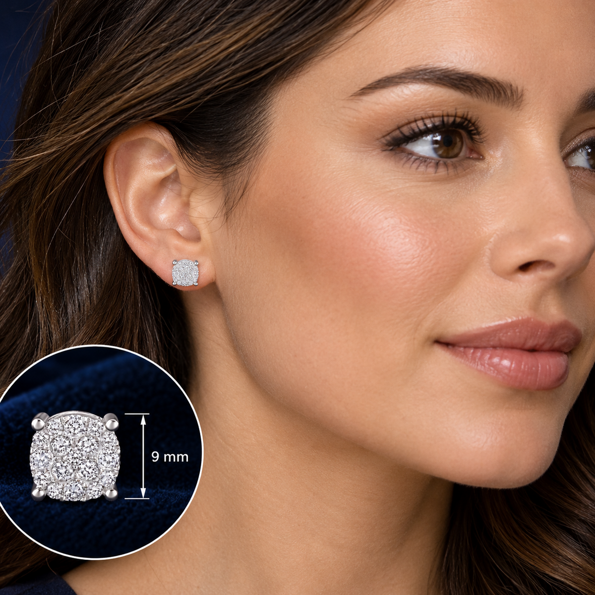 1 Carat Diamond Cluster Earrings 18ct White Gold 9mm Width Real Mined Diamonds