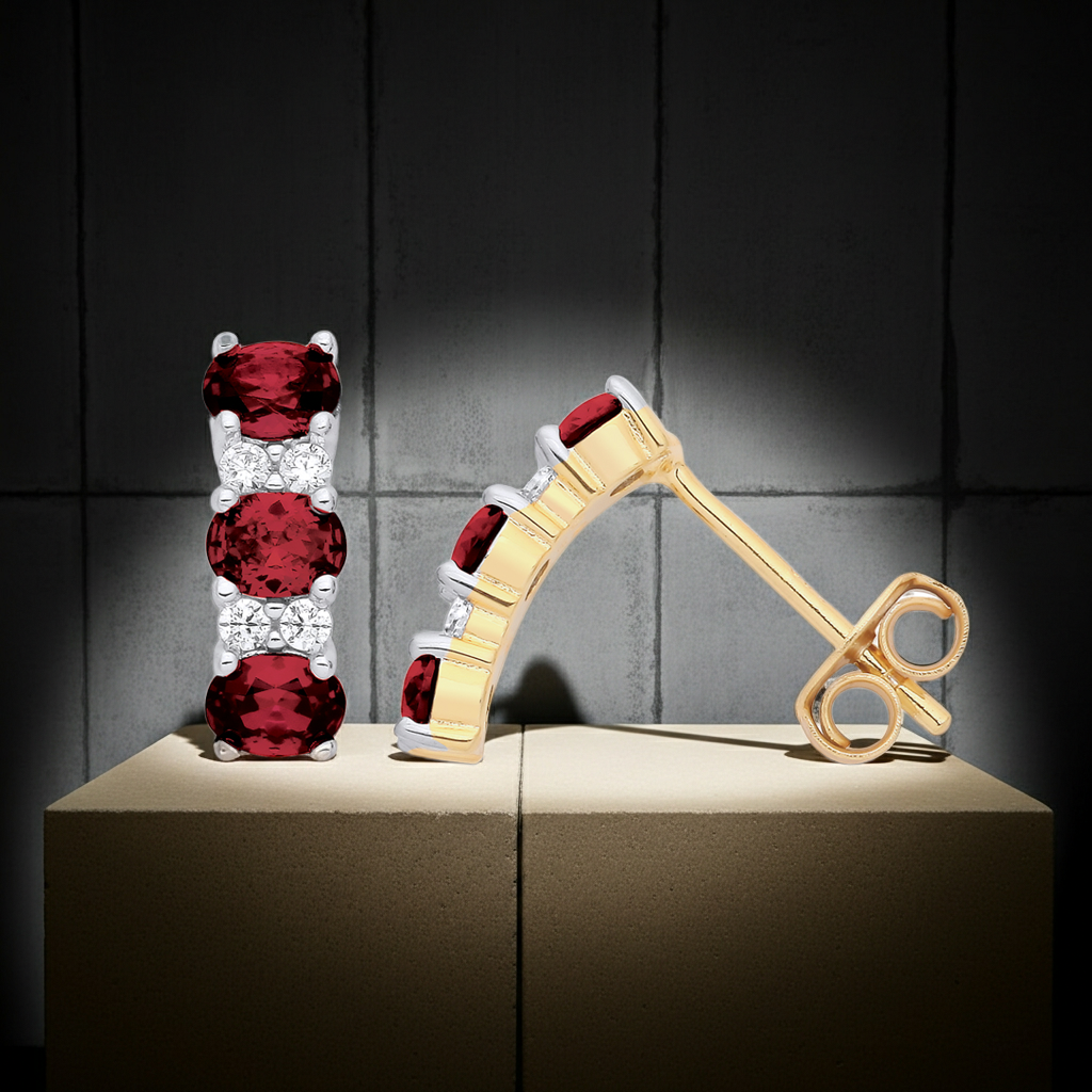 18ct Gold Ruby Drop Stud Earrings on Solid Sterling Silver 925 Hallmark