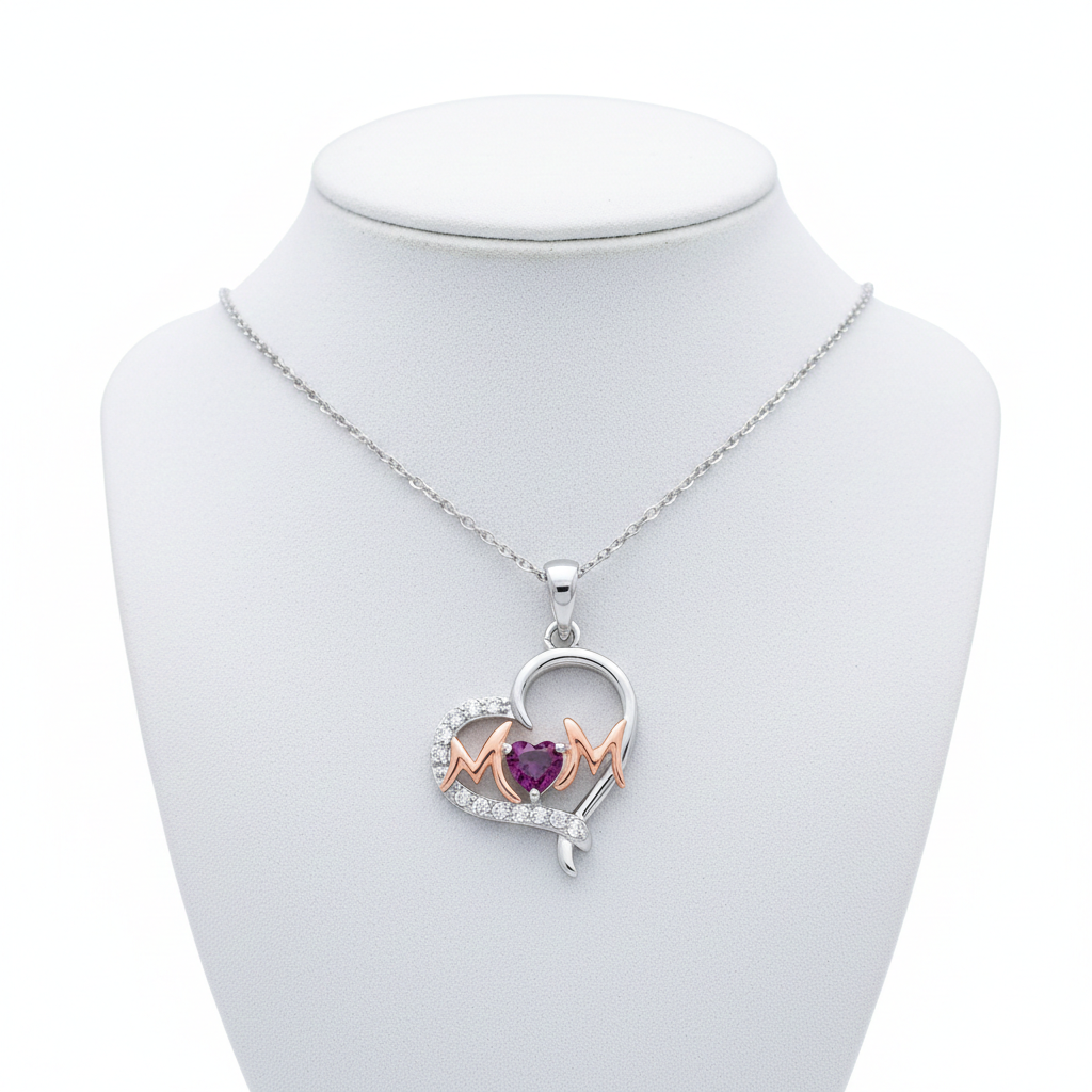 Amethyst Mum Heart Pendant Solid Sterling Silver 925 Hallmark Rose Gold Detail