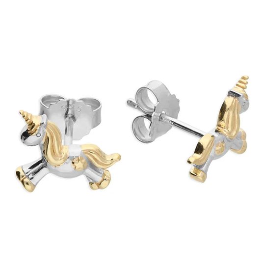 Unicorn Stud Earrings Solid .925 Sterling Silver With Gold Detail Handmade