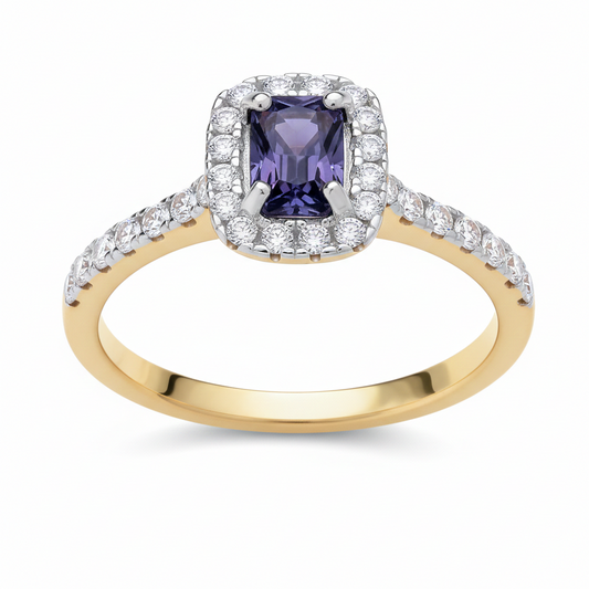 18ct Gold Sapphire Ring Rectangle Halo on Sterling Silver 925 Hallmark Size K-S