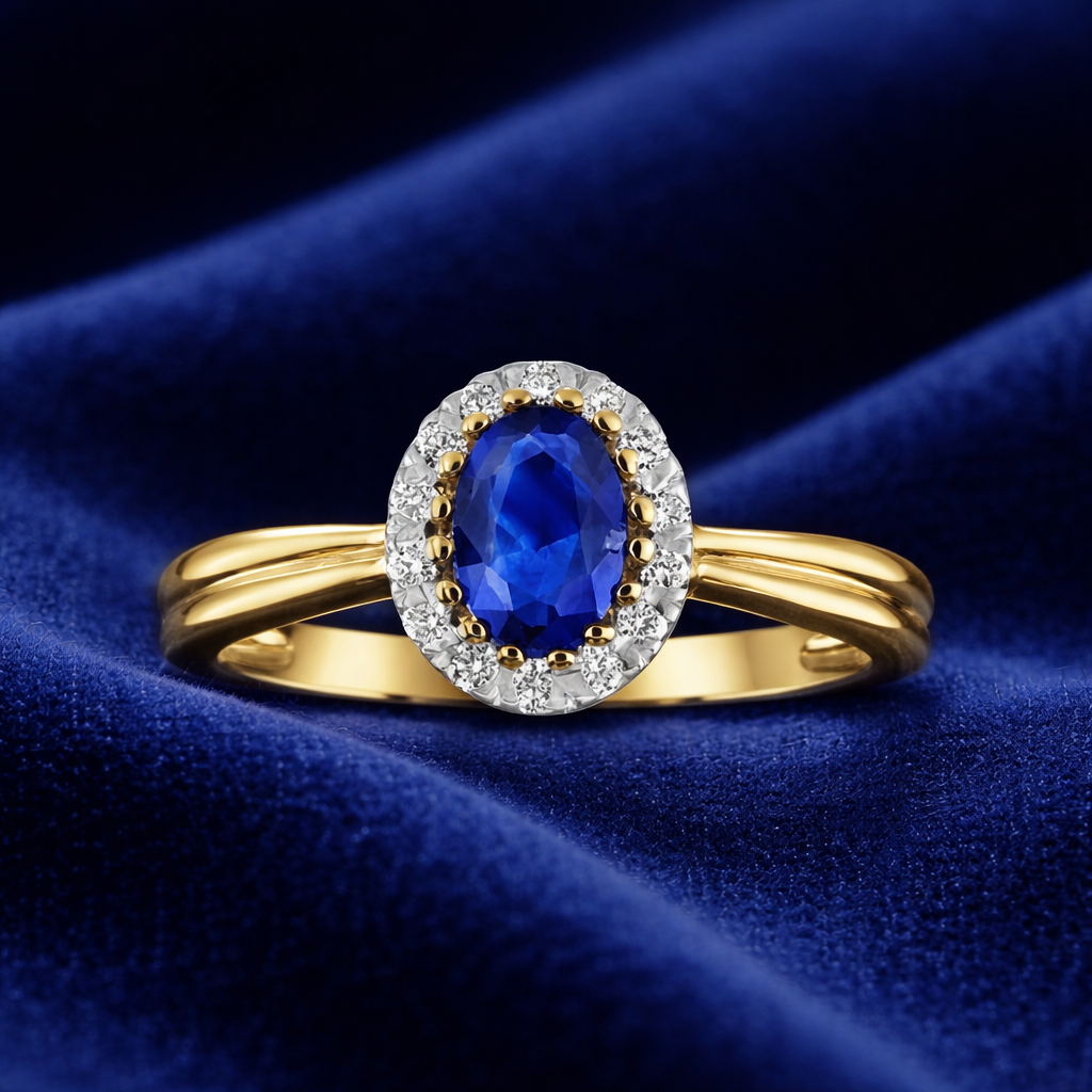 Sapphire and Diamond Cluster Ring 9ct Yellow Gold Oval Engagement Hallmarked