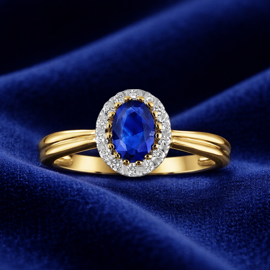 Sapphire and Diamond Cluster Ring 9ct Yellow Gold Oval Engagement Hallmarked