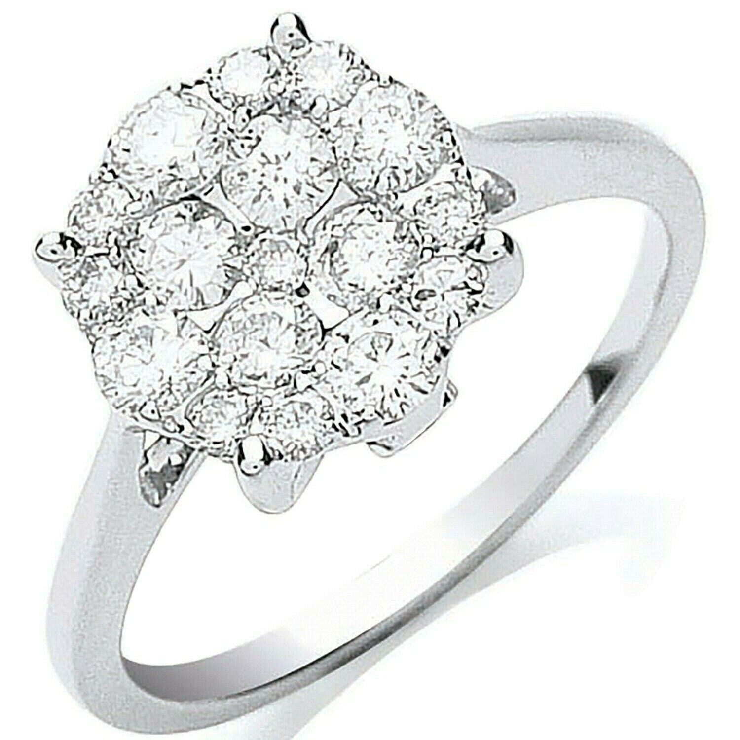 Real Diamond Ring 18ct White Gold Cluster Engagement 0.75 Carat Weight Diamonds