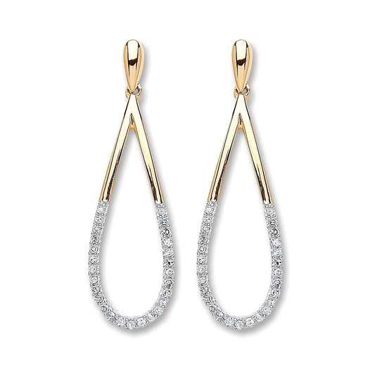 9ct Yellow Gold Pear Drop 0.15ct Diamond Earrings 28mm Length Hallmarked