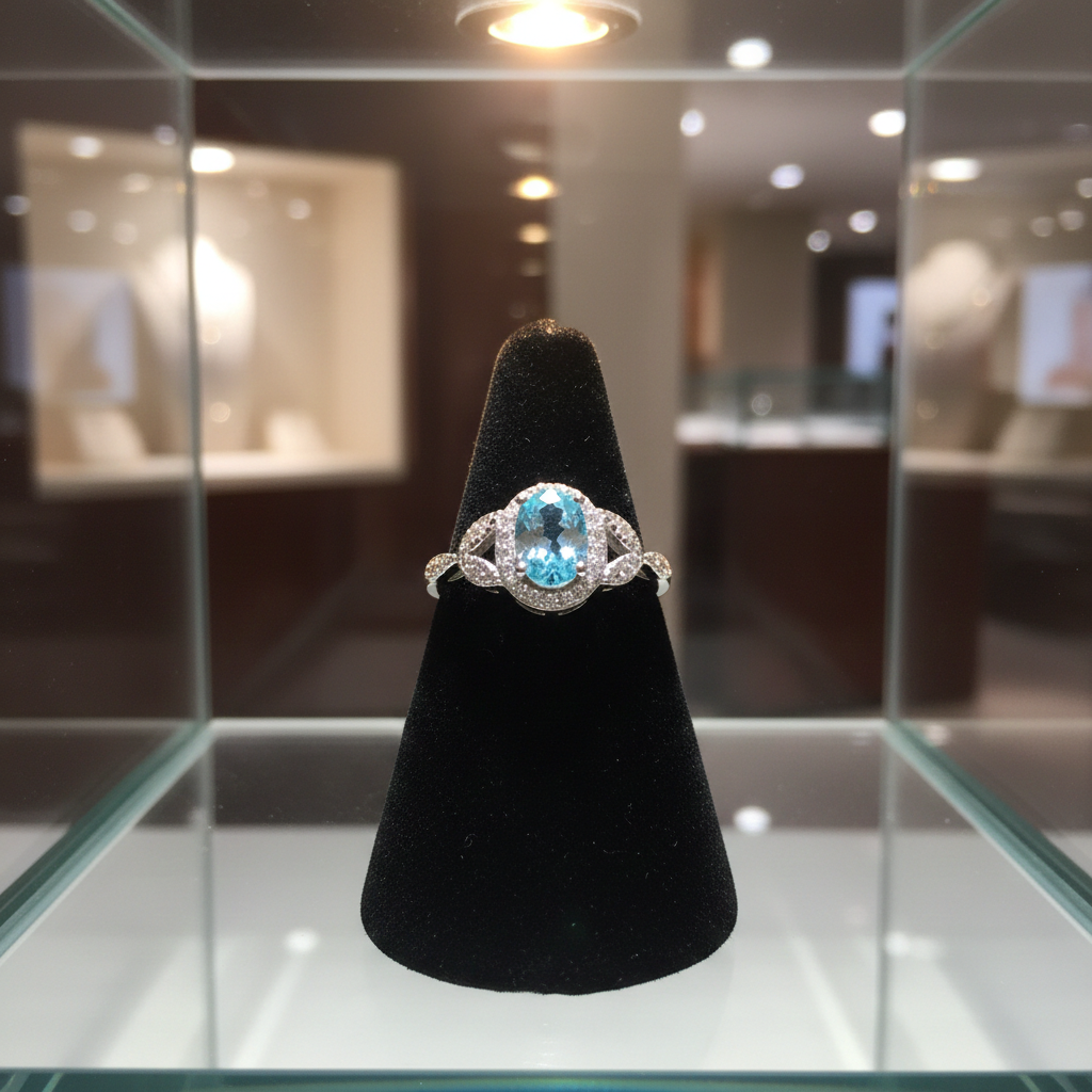 Sterling Silver Blue Topaz Ring Vintage Style Oval Halo 925 Hallmark Size K-S