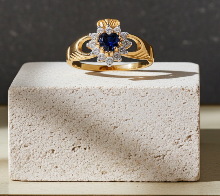 18ct Gold Sapphire Claddagh Ring on Solid Sterling Silver 925 Hallmark