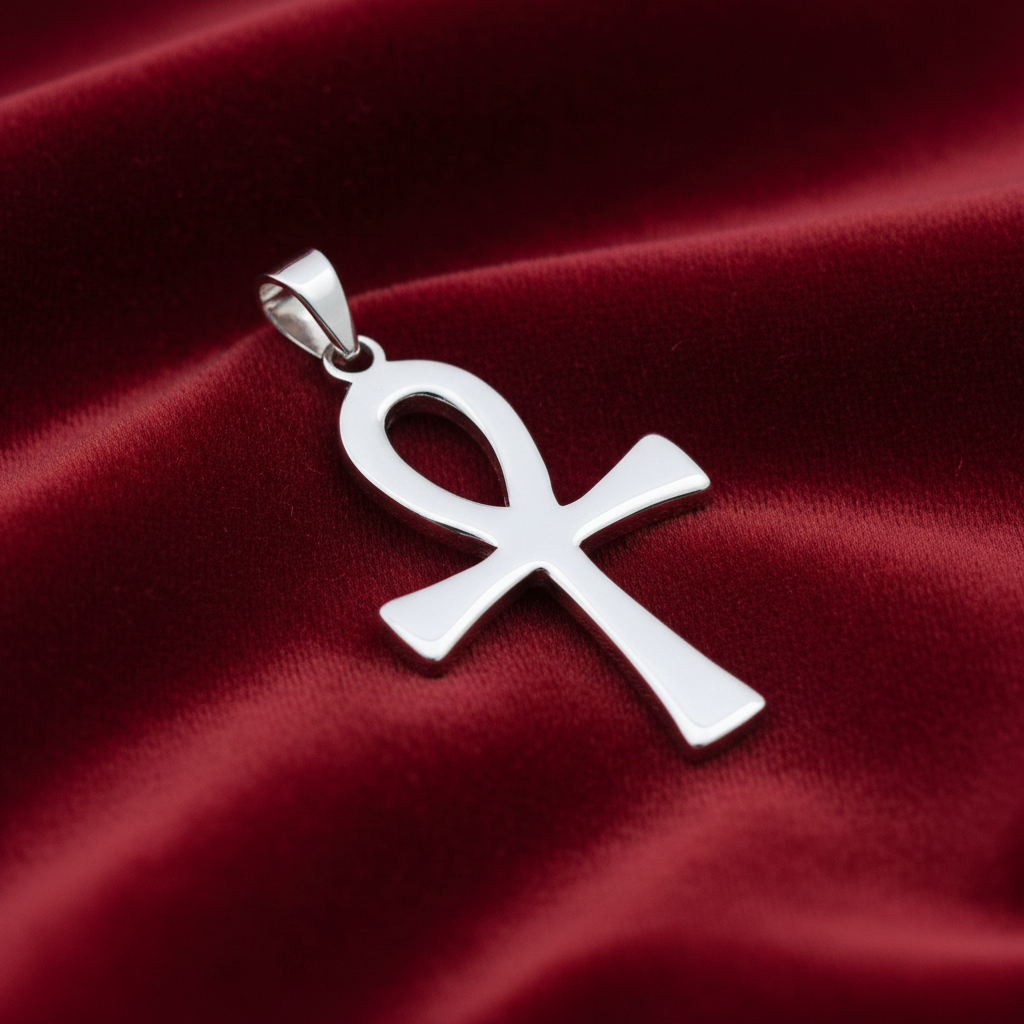 Sterling Silver Ankh Cross Pendant 925 Hallmark 36mm Rhodium Finish