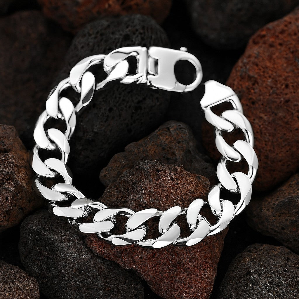 Gents Heavy Curb Bracelet Solid Silver 9" Length 15mm Wide British Made Hallmark