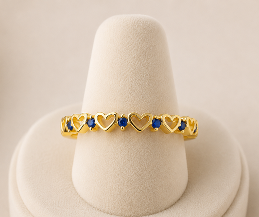 9k Yellow Gold Blue Sapphire Heart Eternity Stacking Band Ring Sizes KLMNOPQRS