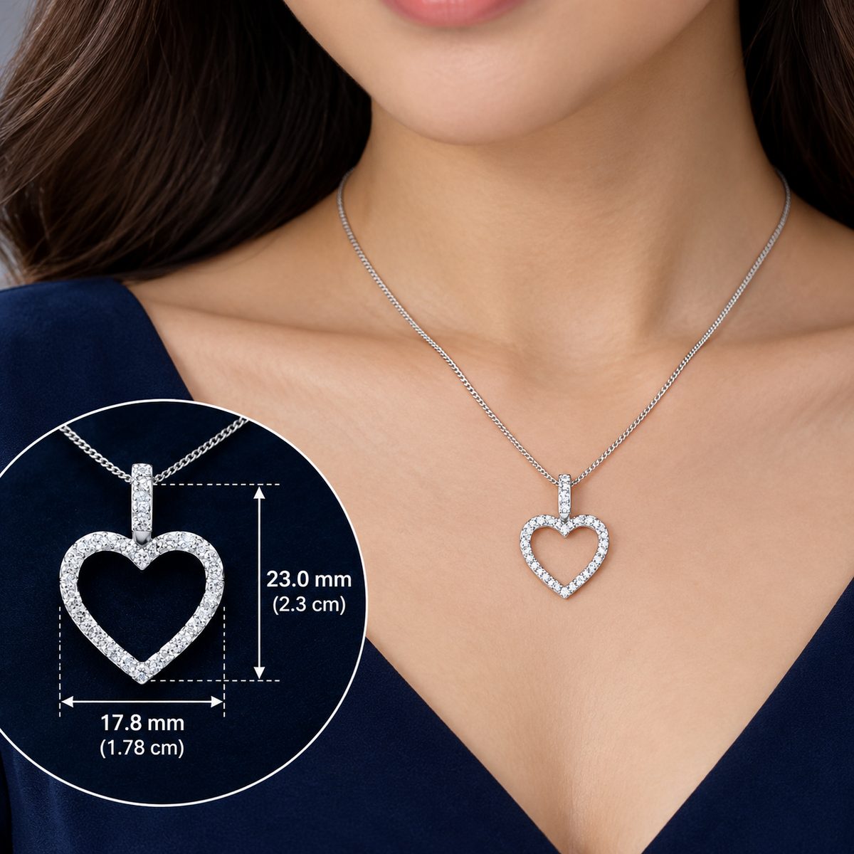 Diamond Open Heart Pendant 18ct White Gold 18"/45cm 0.60ct Real Premium Diamonds