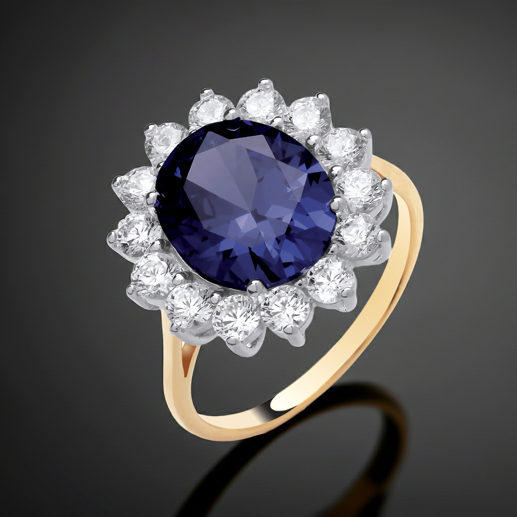 18ct Gold Large Sapphire Ring Cluster on Sterling Silver 925 Hallmark Size K-S